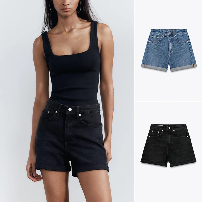 

High Waist Comfortable Loose Fit Denim orts Summer Women's Faion Tassel Trimmed Cuffed Jeans orts Casual Zipper Sle