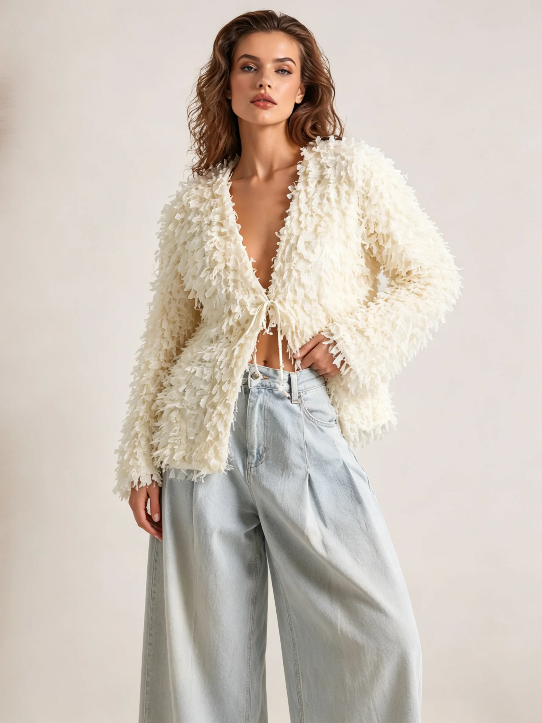 LIMO Women Textured Fringe Cropped Jacket Front Tie Drawstring Fluffy Shaggy Long Sleeve Coat