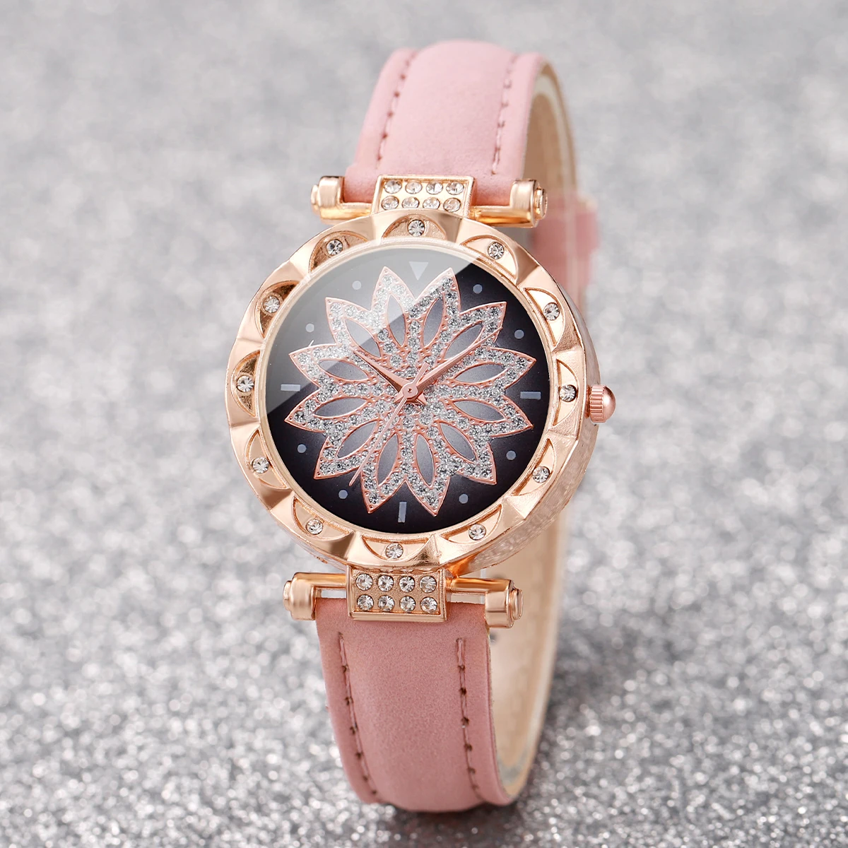 2pcs/set Fashion Women Leather Strap Flower Quartz Watch & Rose Bracelet