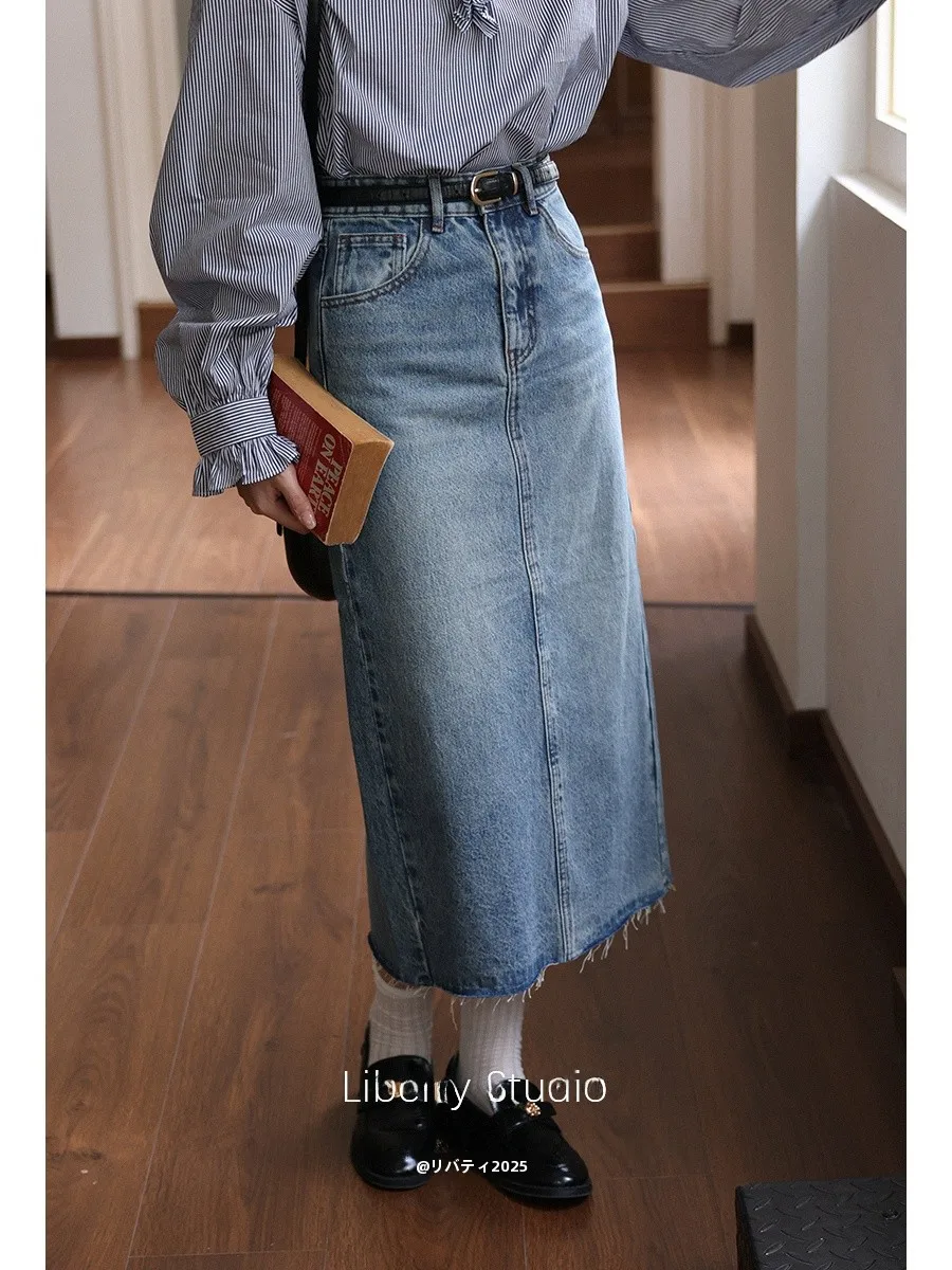 

French Sle Vintage Waed Denim Skirt Commute High Waist A-Line Cotton Skirt for Young Women Ci Walking