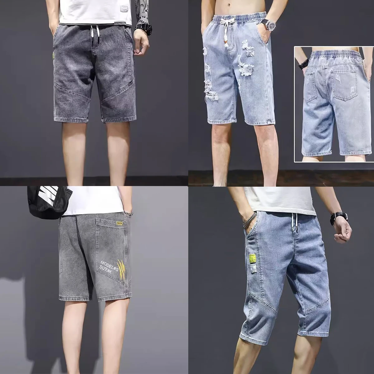 

Men's Casual Denim Shorts Summer Thin ice Silk Five Quarter Pants Blue Gray Two Colors for Young People Students