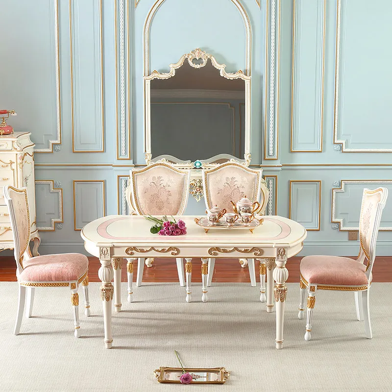 

LMM light luxury dining table and chair combination solid wood retro European pink light French dining table