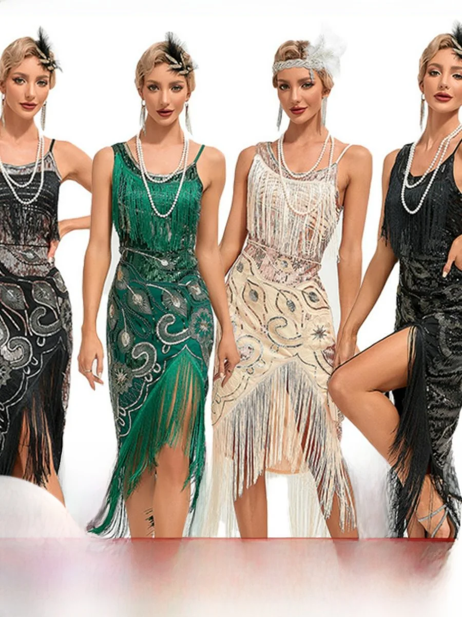 

iny Sequin Gown Vintage Tassel Mid-Length Evening Dr for Parties Low Waist Other Material 00% Autumn Season Dr