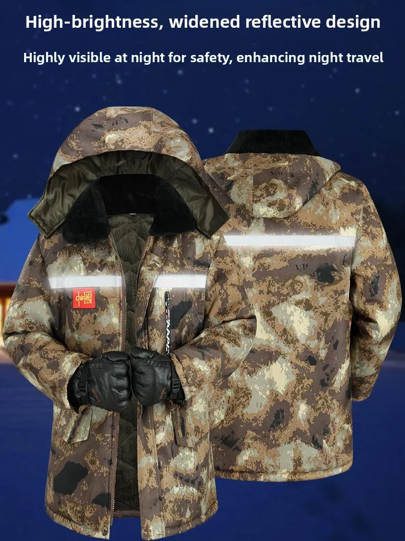 

Thiened Camouflage Cotton Jaet Men's Winter Warm Mid-Length Coat Fce-Lined Cold Storage Anti-Cold Outerwear Workwear