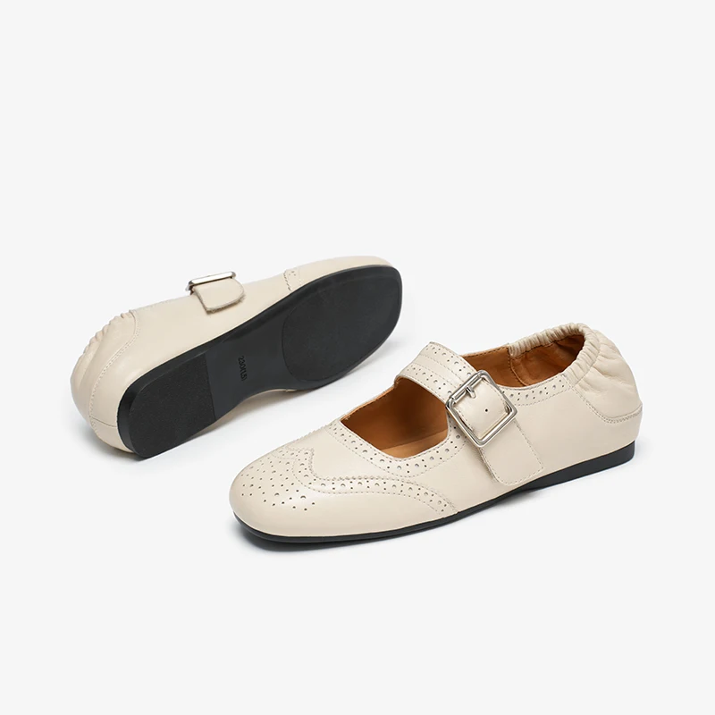 BEAUTODAY Retro Mary Janes Women Sheepskin Leather Buckle Strap Waxing Round Toe Solid Color Ladies Shoes Handmade 28765