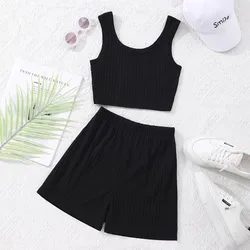 New Kids 2 Pcs Set Teen Girls Clothes Solid Sleeveless Tank Top + Shorts 8 9 10 11 12 Y Summer Casual Simple Sport Suit Big Kids