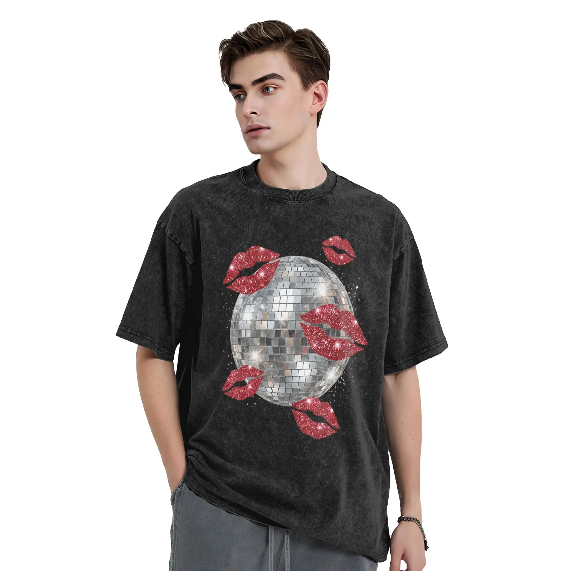 Disco Ball Kissing Lips Washed T-Shirt Male  Street Style Casual T-Shirts Summer O Neck Harajuku Shirt Design Plus Size Clothes