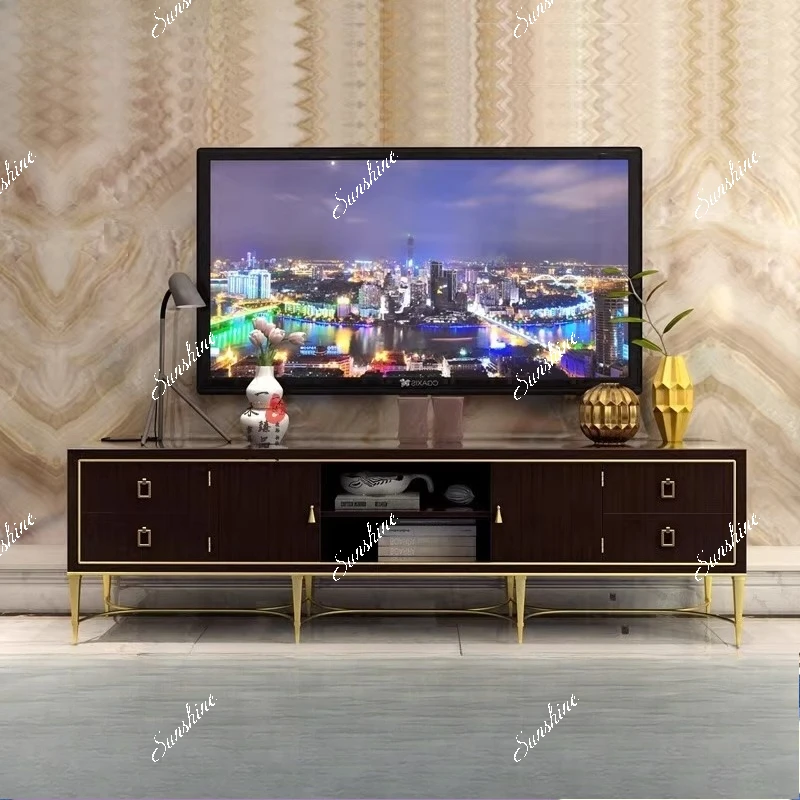 New American solid wood TV cabinet living room square stainless steel floor cabinet