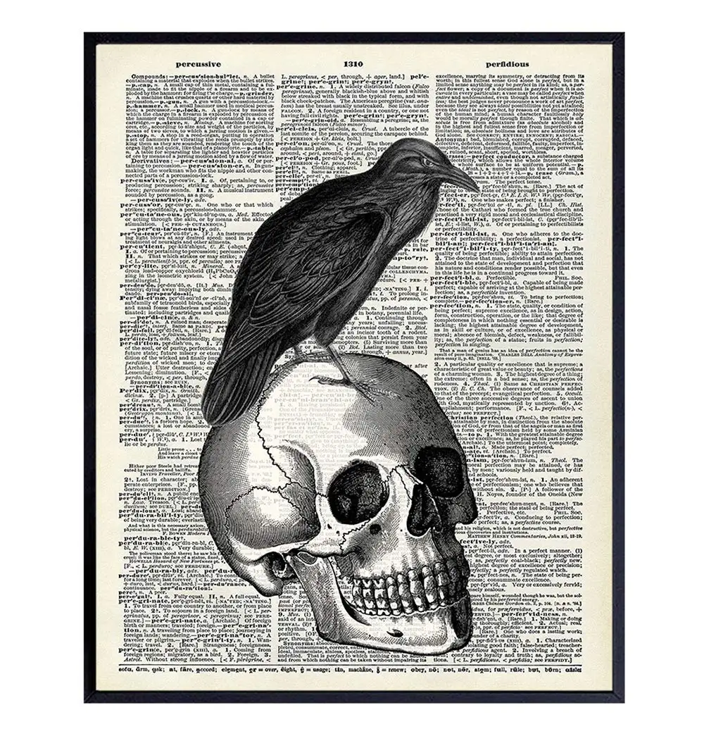 Goth Skull and Raven Dictionary Art - 8x10 Vintage Poster Print for Home Decor, Wall or Room Decoration - Cool Unique Affordable