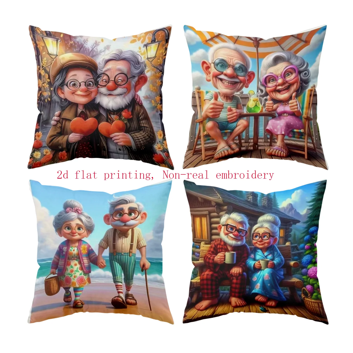 Juego  4 fundas  almohada estilo pareja mayor acogedora, impresión plana 2D para Pascua y primavera, con diseños  momentos