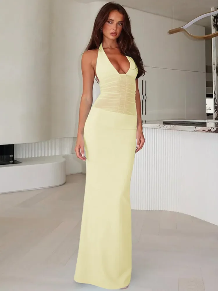 Mesh Deep V-neck Sleeveless See Hrough Backless Lace-up Sexy Dress For Women Patchwork Fashion Slim Party Evening Dress