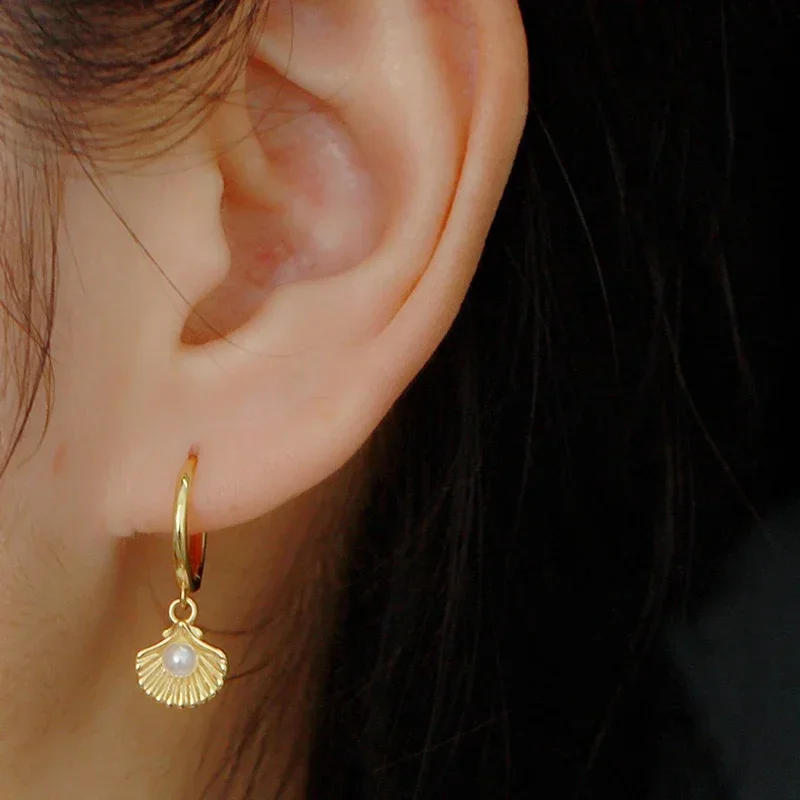 Vintage gold earring 925 sterling Silver Ear Needle Shell/Conch/Starfish Pendant Hoop Earrings for women Fashion Wedding Jewelry