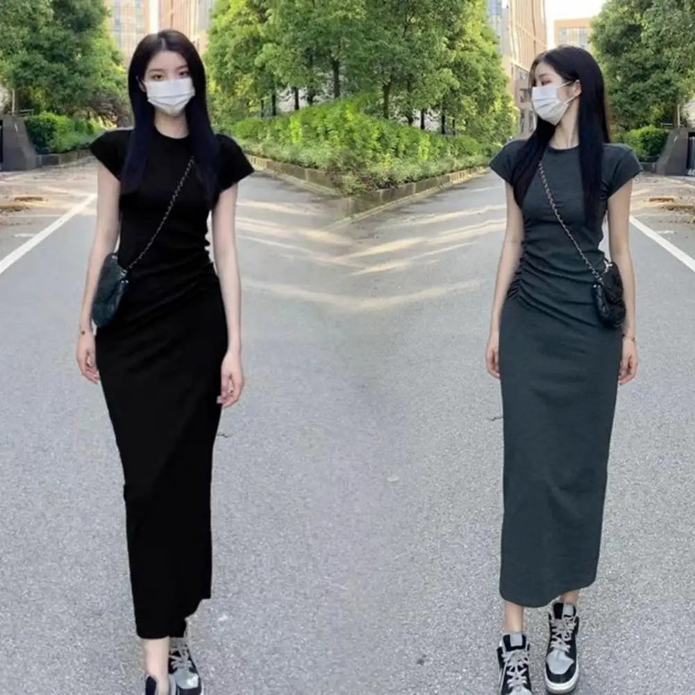 

Women Summer Dress O Neck Short Sleeve Slim Fit Elastic Sheath Soft Pure Color Breathable Ankle Length Casual Maxi Dress