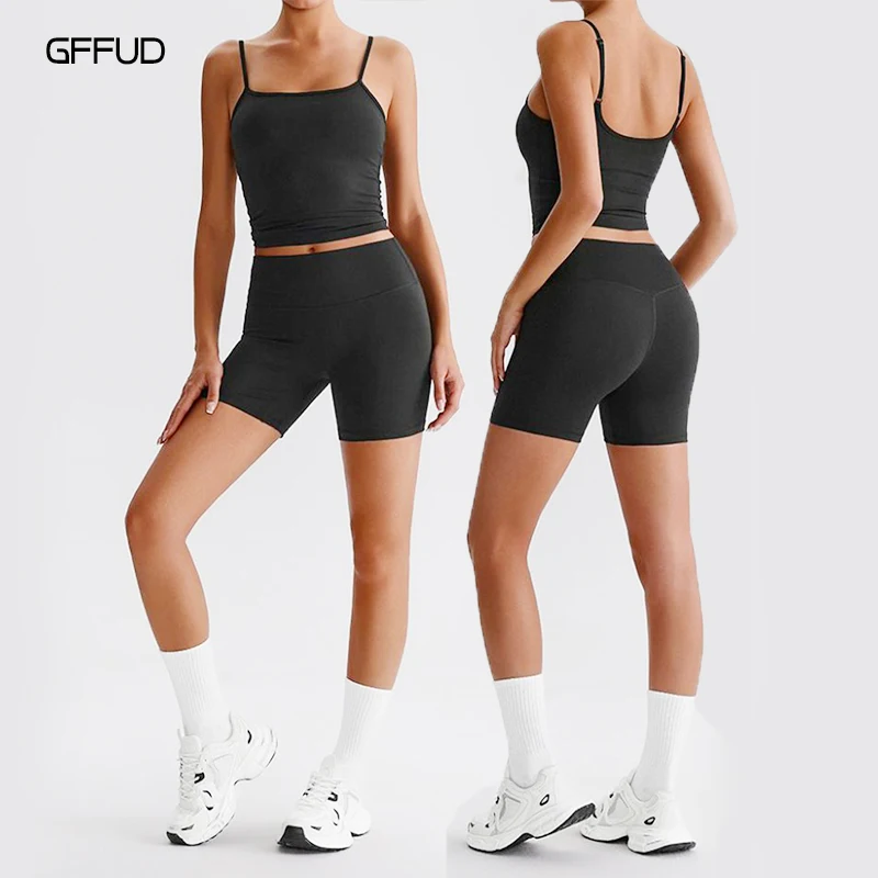 

Women Yoga Halter Neck Top Naked Feeling Slim Fit Tank Top Adjustable Straps High Waisted Yoga Shorts Gym T-shirt Sportswear