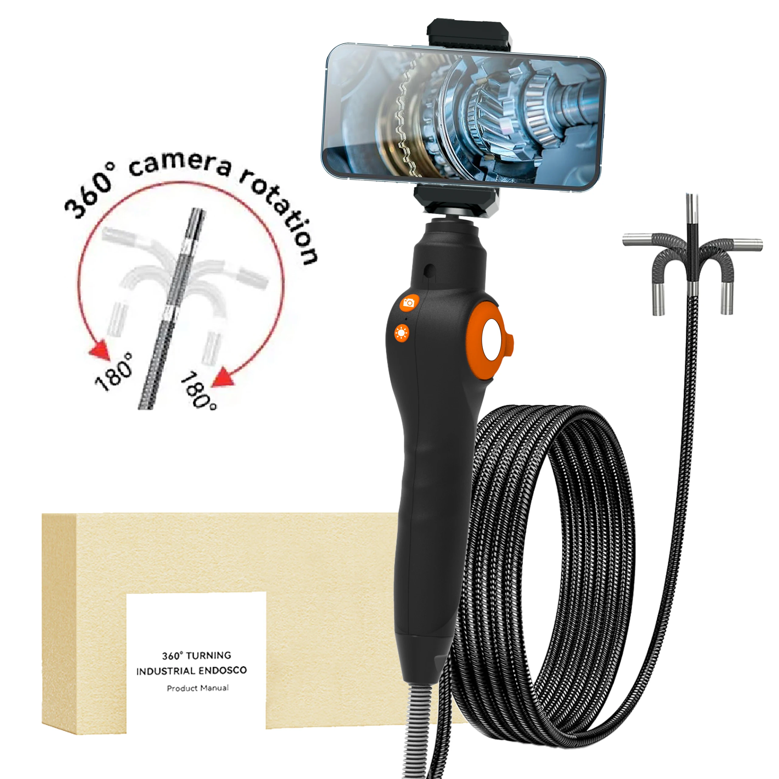 Cámara de inspección de coche, endoscopio industrial giratorio de 360 grados con LED, visibilidad de tubería industrial, adecuado para IOS/Android