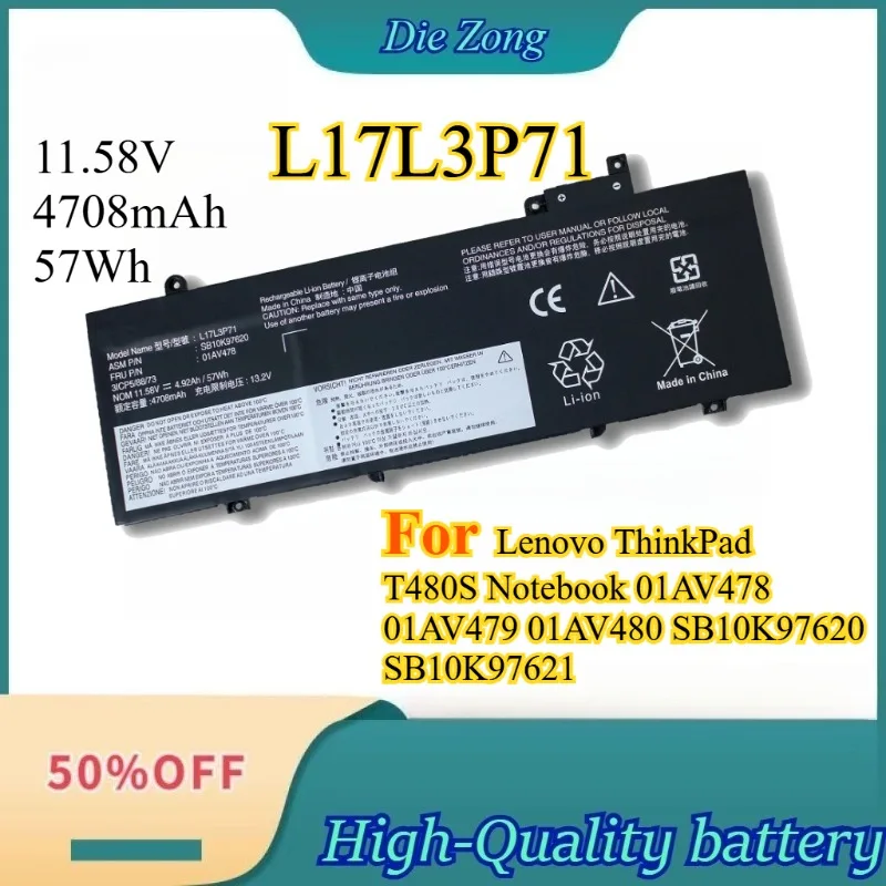 

New Battery for Lenovo ThinkPad T480S Notebook 01AV478 01AV479 01AV480 SB10K97620 SB10K97621 11.58V 4708mAh 57Wh