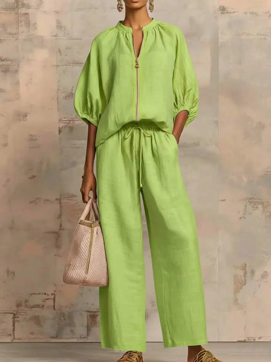 

Womens Lime Green Zipper Blouse And Wide Leg Drawstring Pants Set Casual Chic Outfit