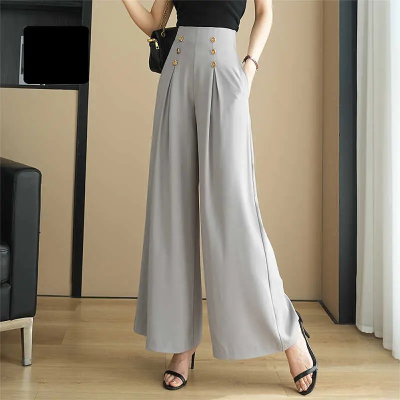 Korean Fashion Women Pants Summer Ice Silk Thin Casual Loose Office Lady High Waist Solid Zipper Double Breast Wide Leg Trousers