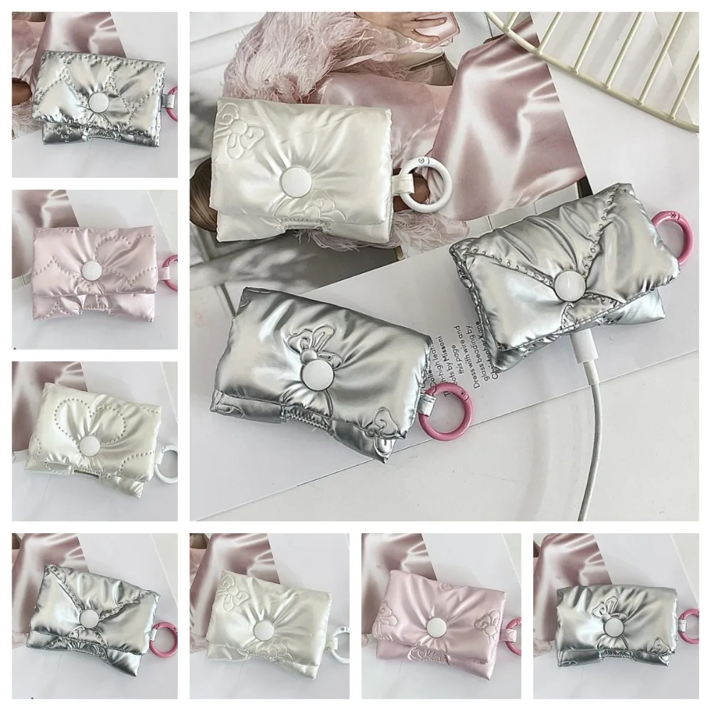 Balletcore Heart Earphone Bag Soft PU Leather Bow Headphone Storage Bag Silver Korean Style Bluetooth Headset Earphone Case