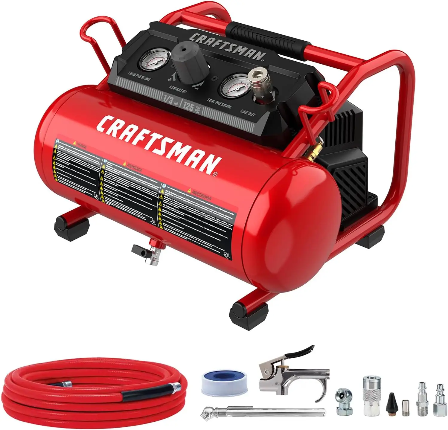 

2 Gallon Portable Air Compressor, 1/3HP Oil-Free Lightweight with 10-Piece Accessory Kit, Max 125 PSI