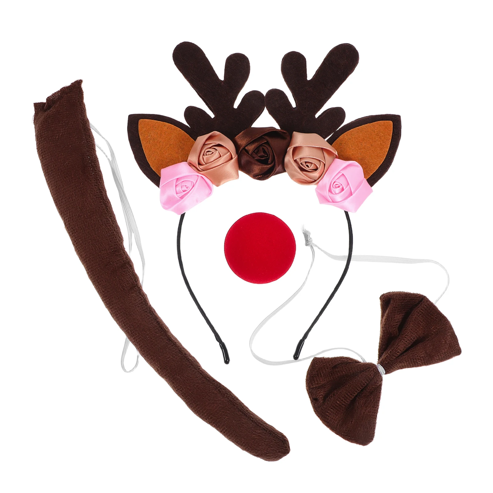 

1 Set Deer Costume Accessories Floral Reindeer Antler Headband With Red Nose Deers Tail And Bowtie For Christmas Halloween Party