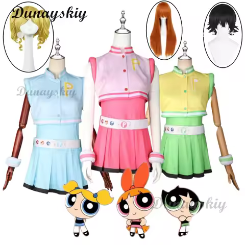 Anime Powerpuff Girls Cosplay Coat Costume Wig full Set Blossom Buttercup Bubbles Costume Dress With Belt