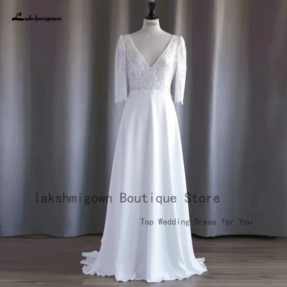 Lakshmigown Elegant Bridal A Line Chiffon Wedding Dress 3/4 Lace Sleeves 2025 V Neck Sexy Women Receipt Dinner Party Gowns