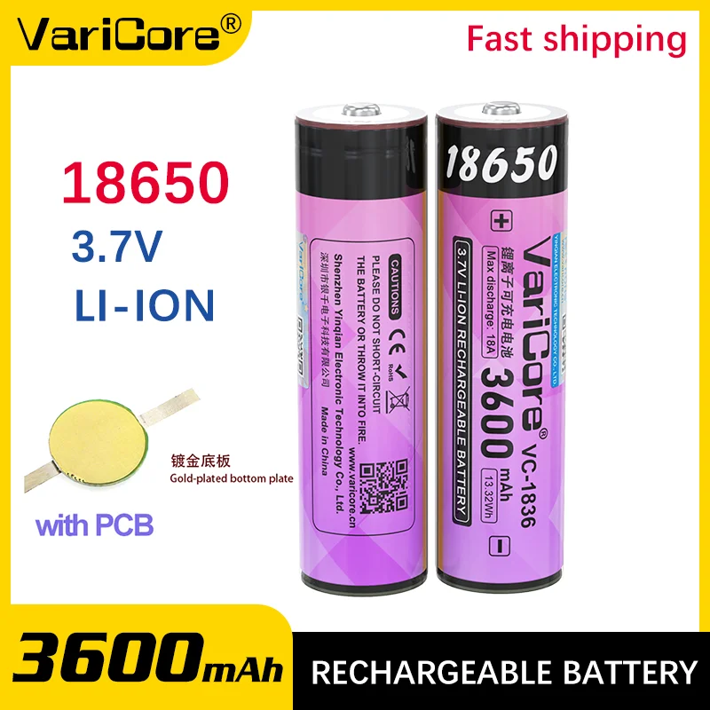 

VariCore VC-1836 3,7 В 18650 Литий-ионная аккумуляторная батарея 3600 мАч Высокая емкость 18 А Разряд с защитной печатной платой