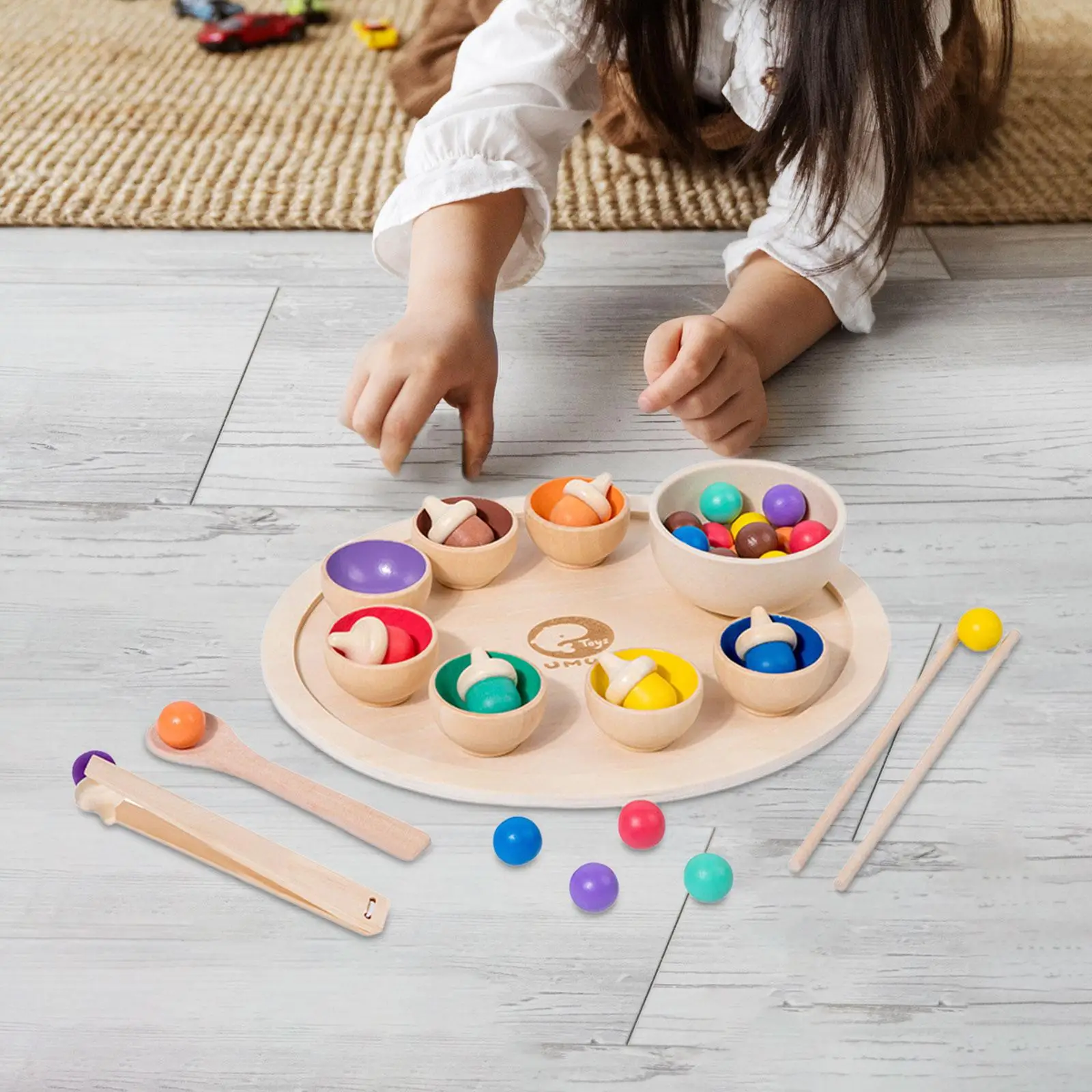 Wood Clip Beads Matching and Counting Board Game Fine Motor Wooden Rainbow Toys