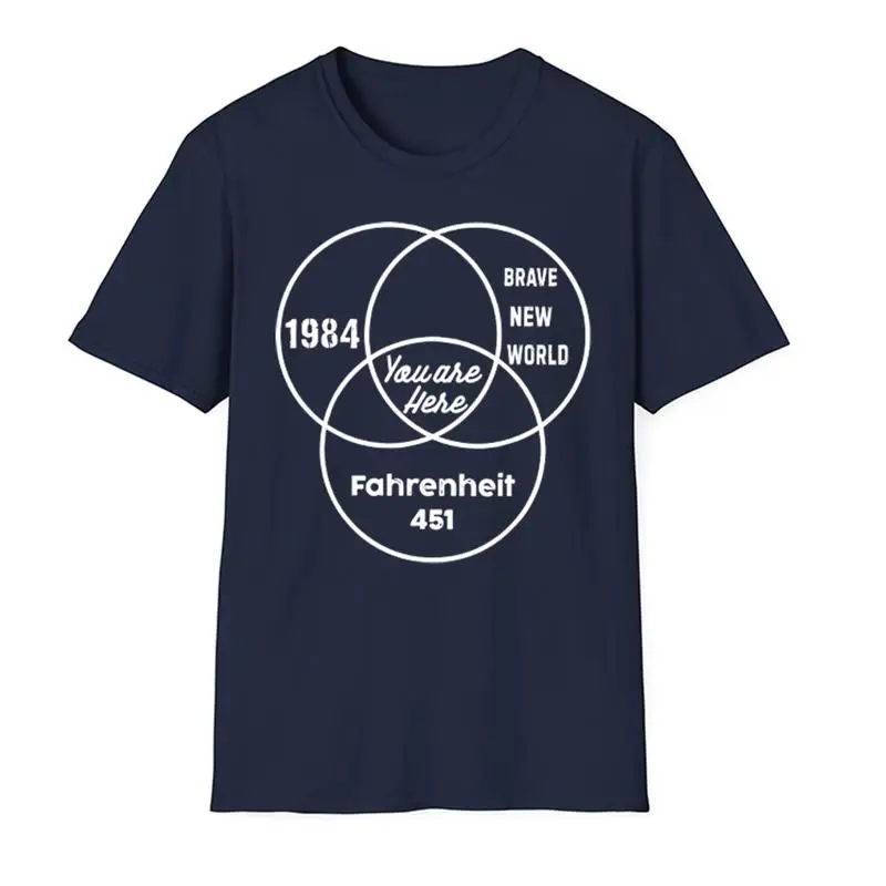 

"Literary Graphic Tee for Women – '1984', 'Brave New World', 'Fahrenheit 451' Venn Diagram, Trendy & Comfortable"