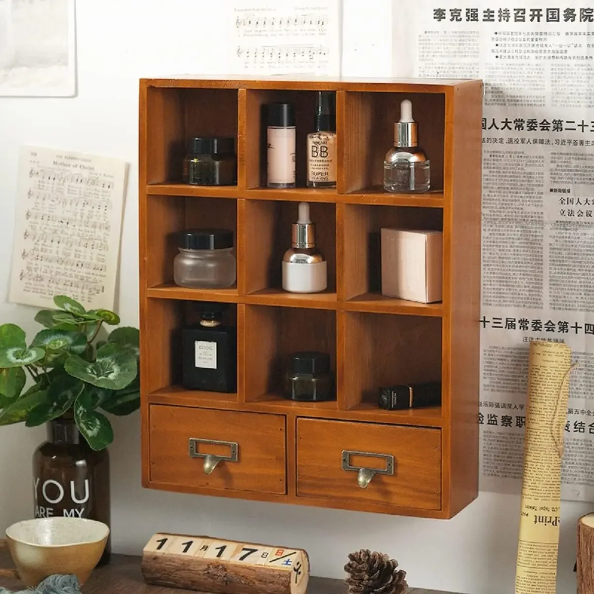 

Vintage Wall Decor Display Storage Rack Shelf with 2 Drawer, Mini Wooden Floating Shelves, Rustic Shadow Box for Kitchen Bedroom