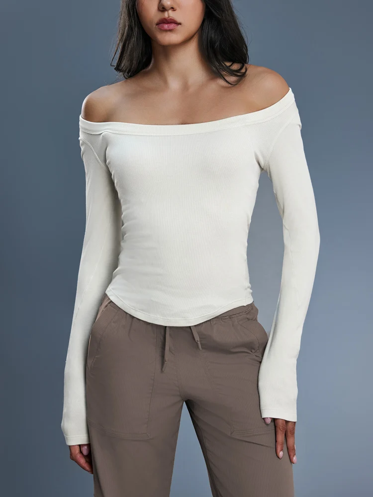 VITALINOVO Womens Off The Shoulder Tops Going Out Basic Sexy T Shirts Long Sleeve Workout Tops Boat Neck Slim Fit Yoga Gym Shirt