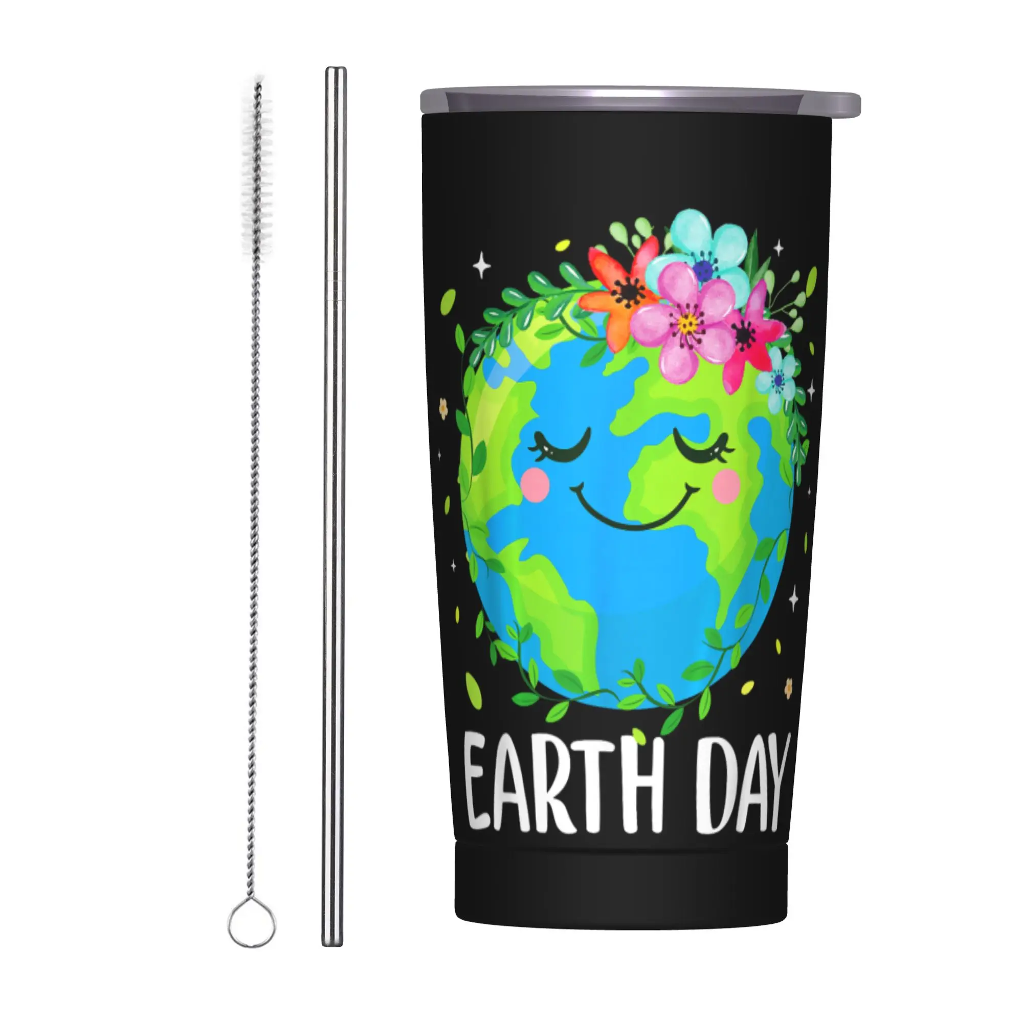 Stainless Steel Tumbler Earth Day Shirt Cute Earth with Floral Thermal Mug Portable Cold and Hot Car Mugs Camping Water Bottle