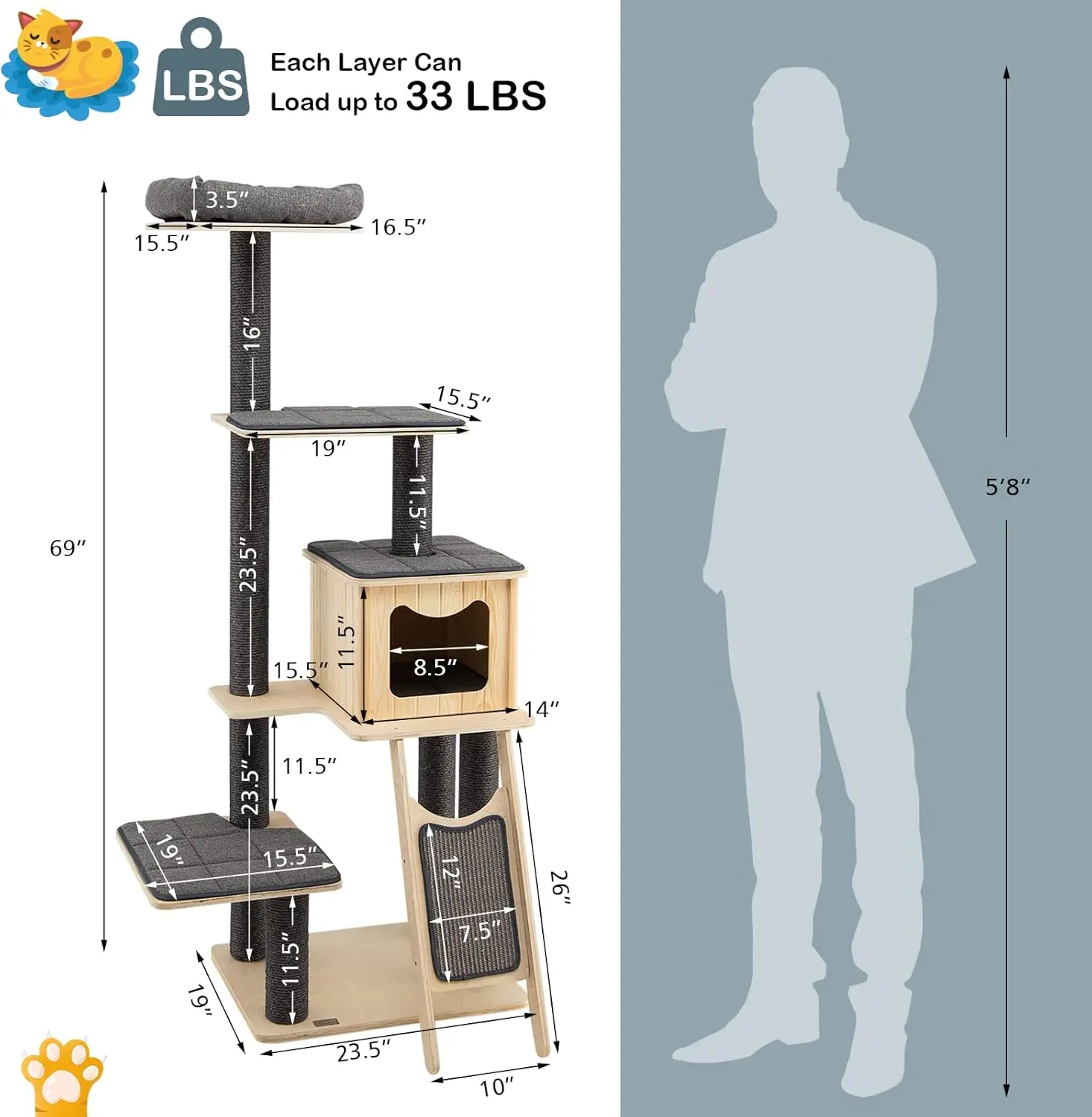 Grand arbre à chat avec poteaux en sisal à gratter, tour en bois à 5 niveaux, perchoir supérieur, condo mignon pour chat, 69 po