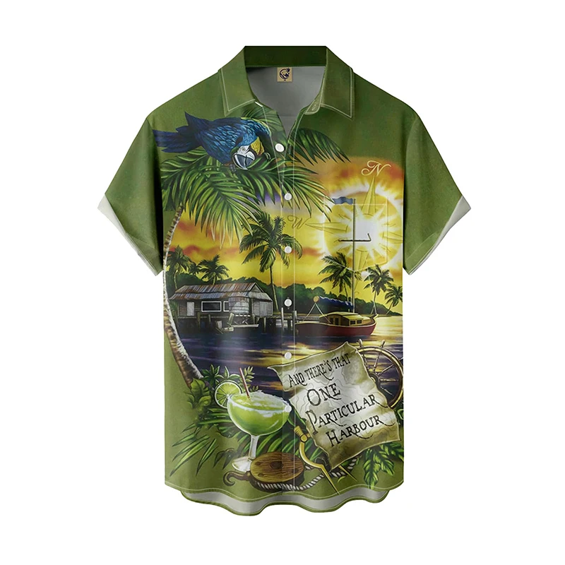 Men's Summer Hawaiian Shirts Funny Performence Full Printed Birds Pattern Casual Button Down Beach Shirt Short Sleeve Mens Shirt