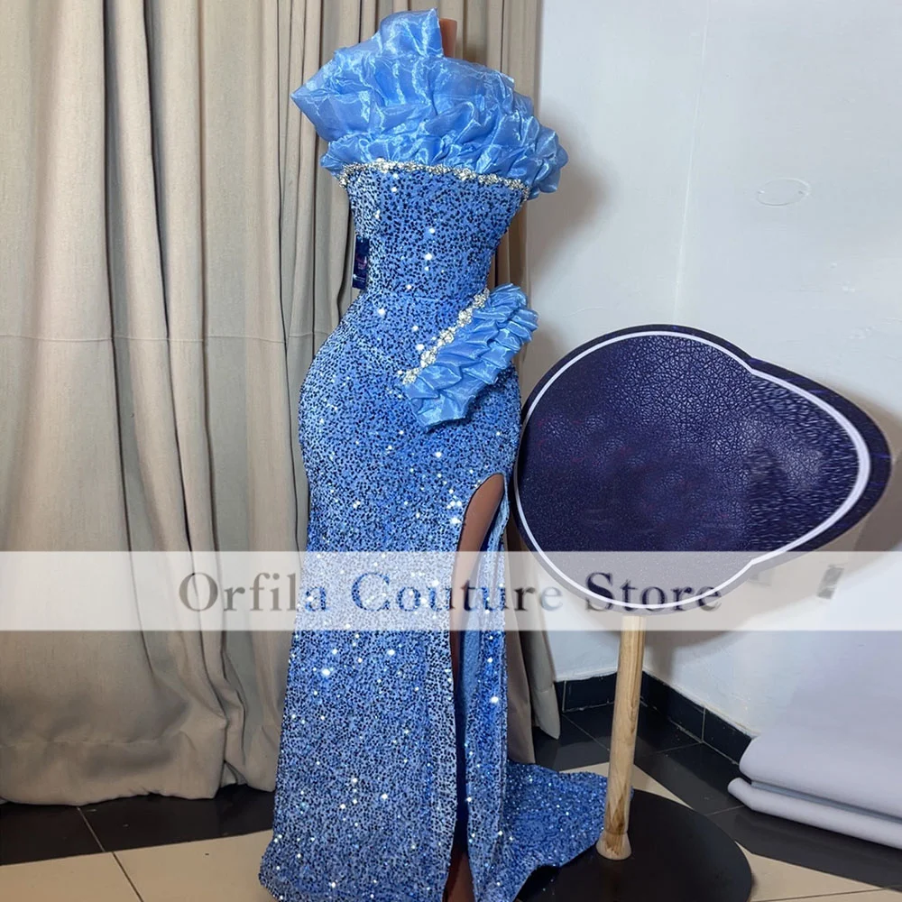 Blue Prom Dresses 2025 Luxury For Black Girl Crystal Diamond Mermaid Party Gowns Strapless Evening Dress Customized