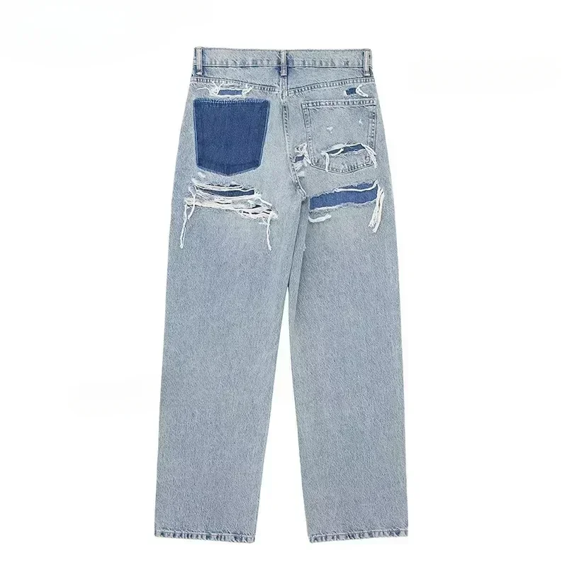 Women's Broken Holes Loose Jeans Fashion Trousers Gradient Colour Casual Streetwear Pant Solid Colour Loose Decorated Jeans