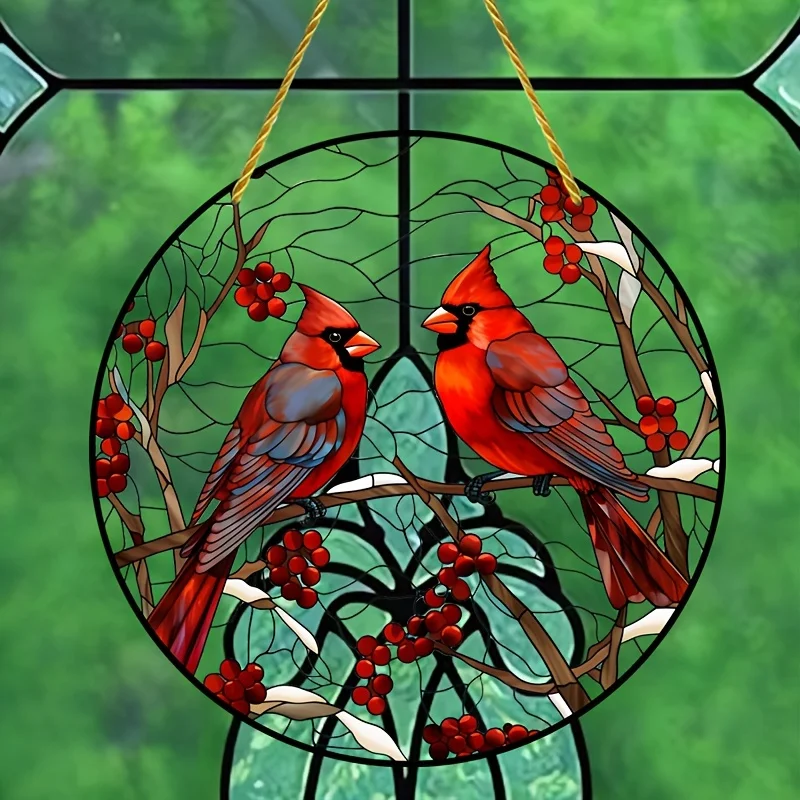 Cardinal Stained Glass Sunshade - Vibrant Acrylic Hanging Ornament with Cranberry Accents - Circular Art Decor for Windows