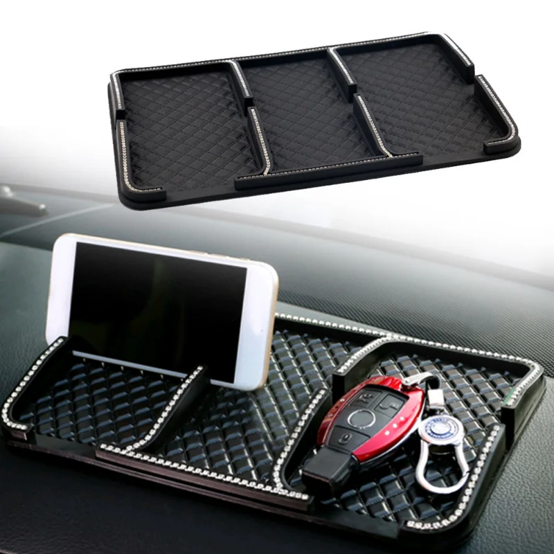 

Multifunctional Car Dashboard Anti-slip Mat Car Interior Dash Key Holder Coin Organizer Silica Gel Rhinestone Non-Slip Mat Decor