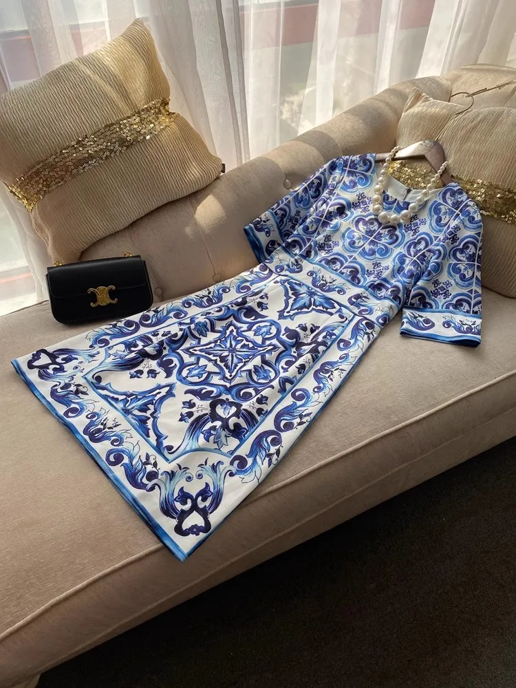 Summer Runway Blue Dress Women's O-Neck Blue and White Porcelain Flower Print Bohemian Side Split Midi Vestidos Female Robe