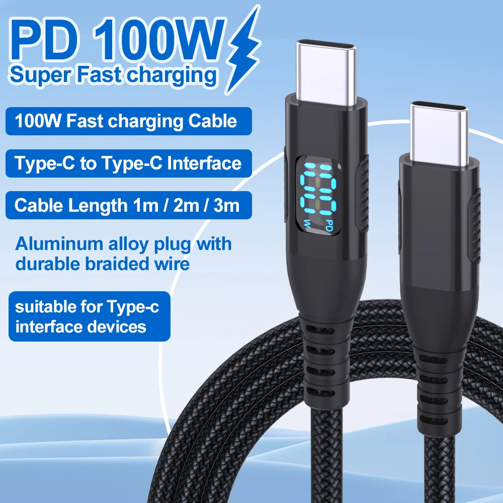 Nylon Braided USB C To Type C Cable 100W LED display Fast Charging Charger Wire For Xiaomi Samsung Laptop USB C Cord 1M 2M 3M