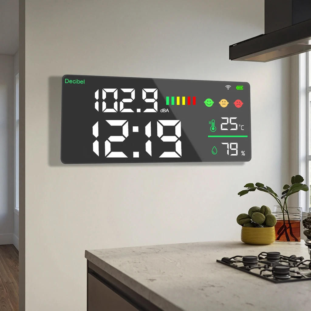 Medidor de Decibéis Wi-Fi com Temperatura e Umidade, Display LED Grande Inteligente, Medidor de Nível de Ruído Montado na Parede