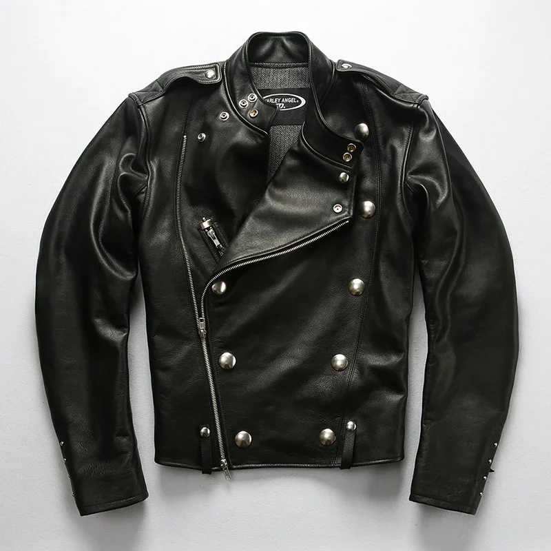 2024 Men's Vintage Genuine Leather Jacket Rivet Double Breasted New Black Male Thick Soft Cowhide Coats Large Size 4XL