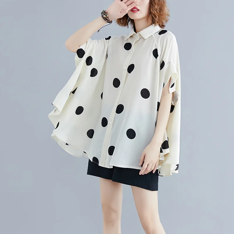 Fashionable and artistic oversized women\'s chiffon shirt polka dot short sleeved shirt bat shirt plus size women clothing