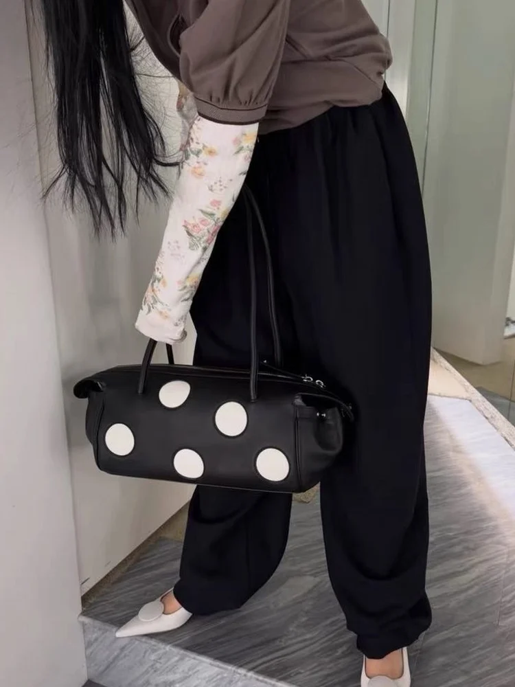 Large Capacity Polka Dot French Bread Single Shoulder Bag Bowling Underarm Bag Fashionable Handbag Black White High End Design