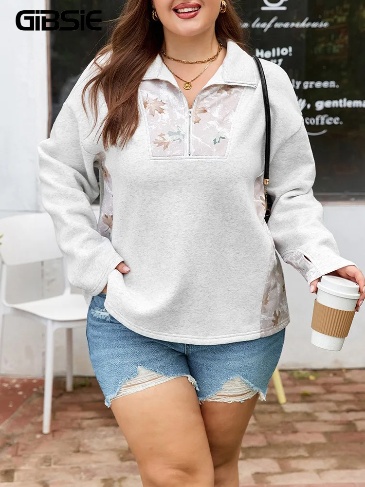 GIBSIE Plus Size Stand Collar Printed Zipper Front Pullover Hoodie Women Casual Long Sleeve All Match Woman Sweatshirts 2025 New