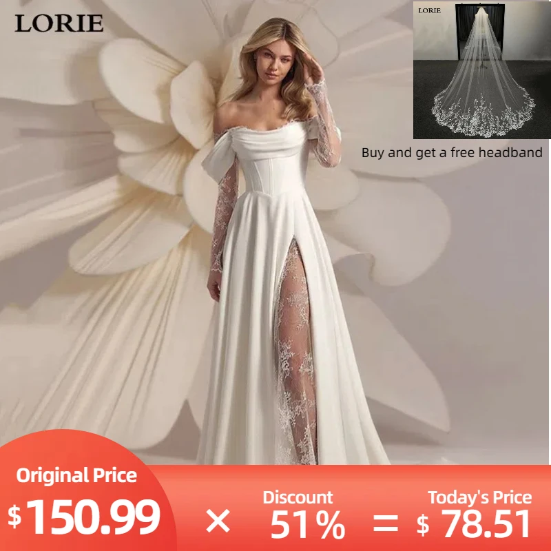 LORIE Abiti da sposa a maniche lunghe in pizzo con spalle scoperte Abiti da sposa a trapezio Abito da sposa con applicazioni principessa senza schienale personalizzato