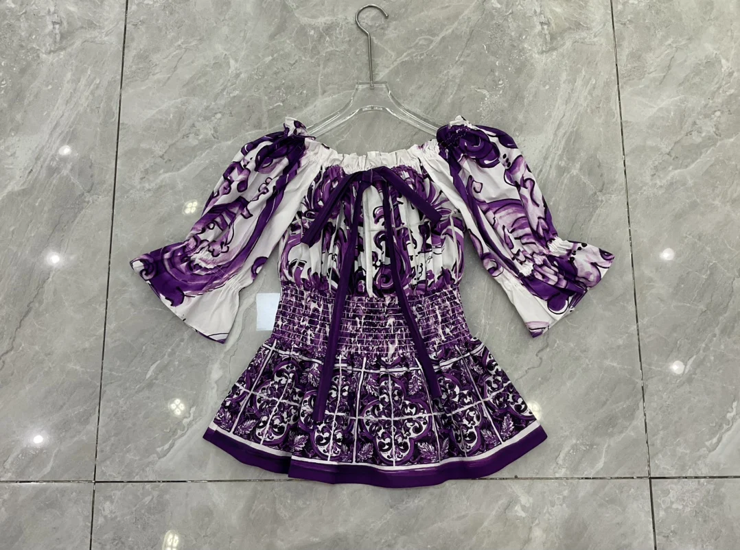 

Fashionable Purple Clay Glaze Silk Cotton Printed Waist-Cinching Cross-Shoulder Small Bundle Shirt High Quality Elegant Style...