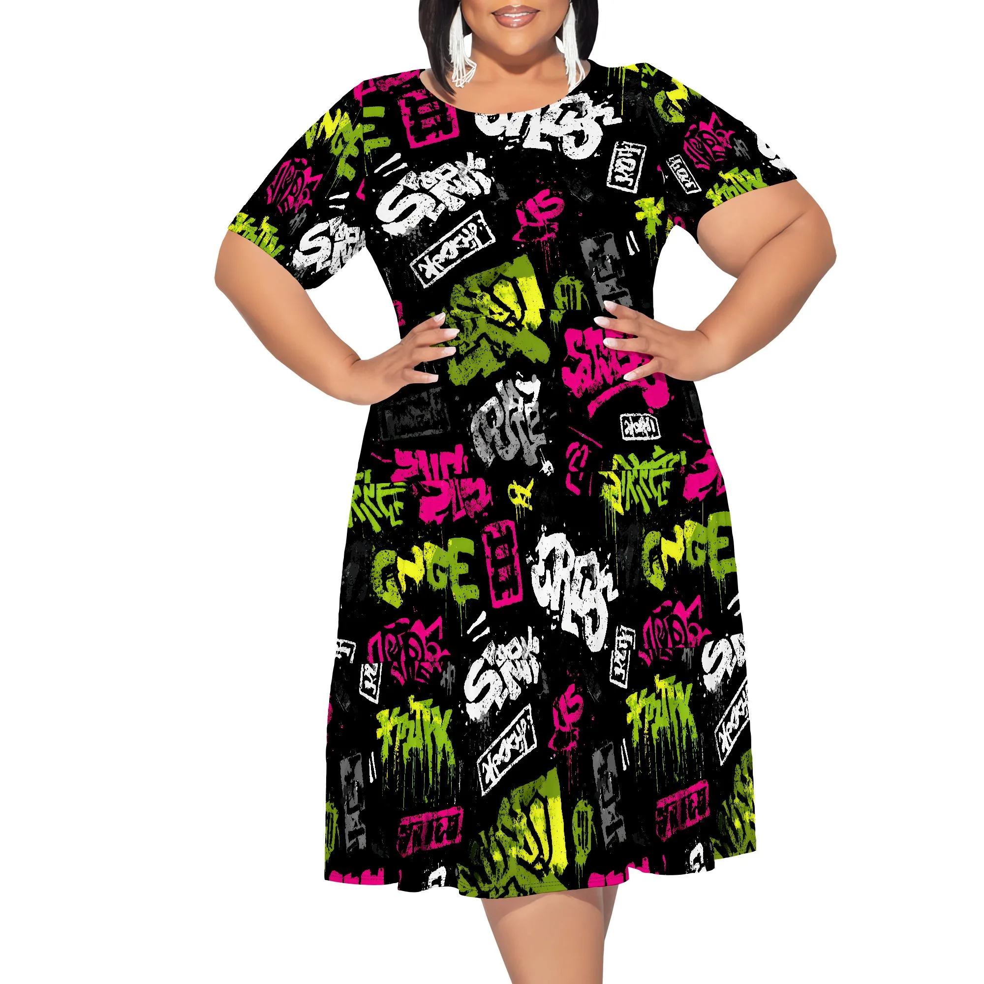 

Womens Plus Size Summer Dress 2025 Casual Short Sleeve Empire Waist Loose Fit Swing T-Shirt Dress