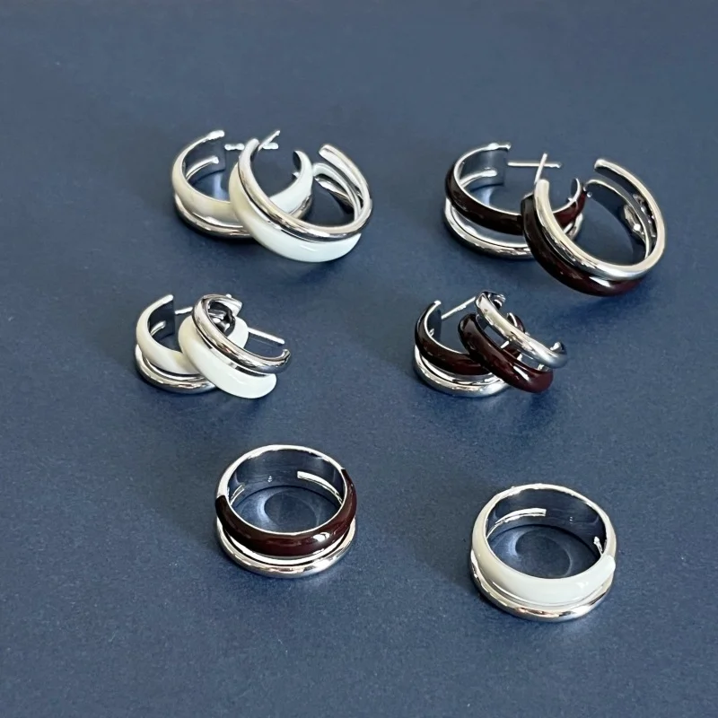 

French Retro Double-Layer Autumn and Winter Colorblock Enamel Double-Track Earrings and Ring